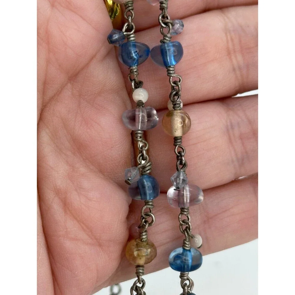 Vintage Monet Quartz Pendant Pastel Beaded Necklace Blue Peach